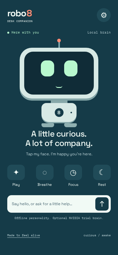 الشاشة الرئيسية بعرض 390 بكسل: الوجه وأربعة أنشطة (Play وBreathe وFocus وRest) وحقل نص. شخصية تعمل دون إنترنت ودماغ NVIDIA تجريبي اختياري.