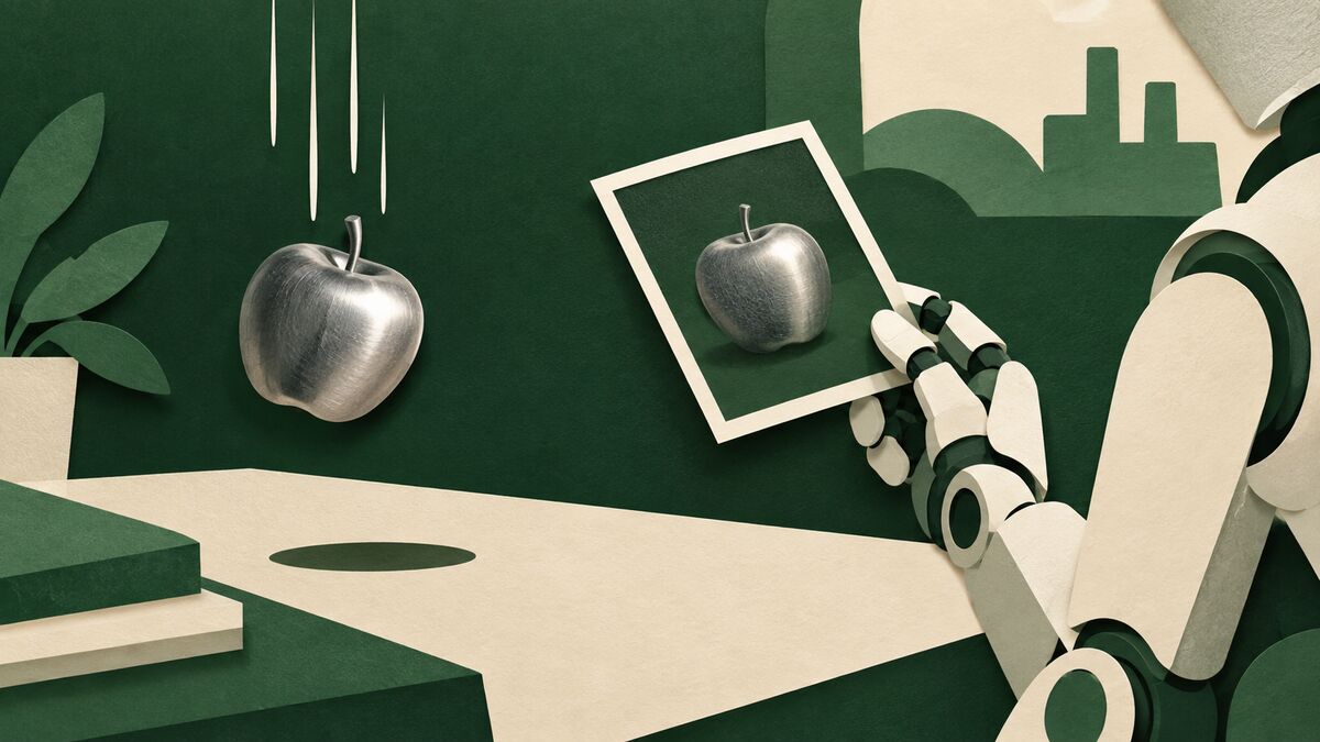 AI-generated illustration: A steel apple falls. The robot still trusts the picture.